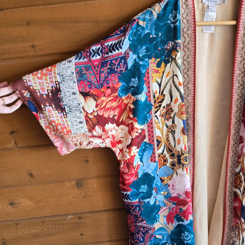 Chico's Kimono Tapestry Floral Mid Tunic Top Floral S/M Boho Flowy Cardigan S/M - Picture 5 of 7